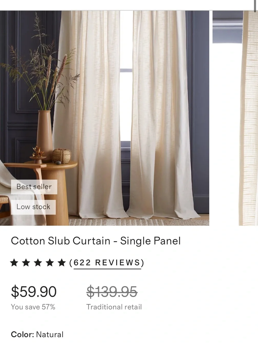 Quince Natural Cotton Slub Curtain Panel